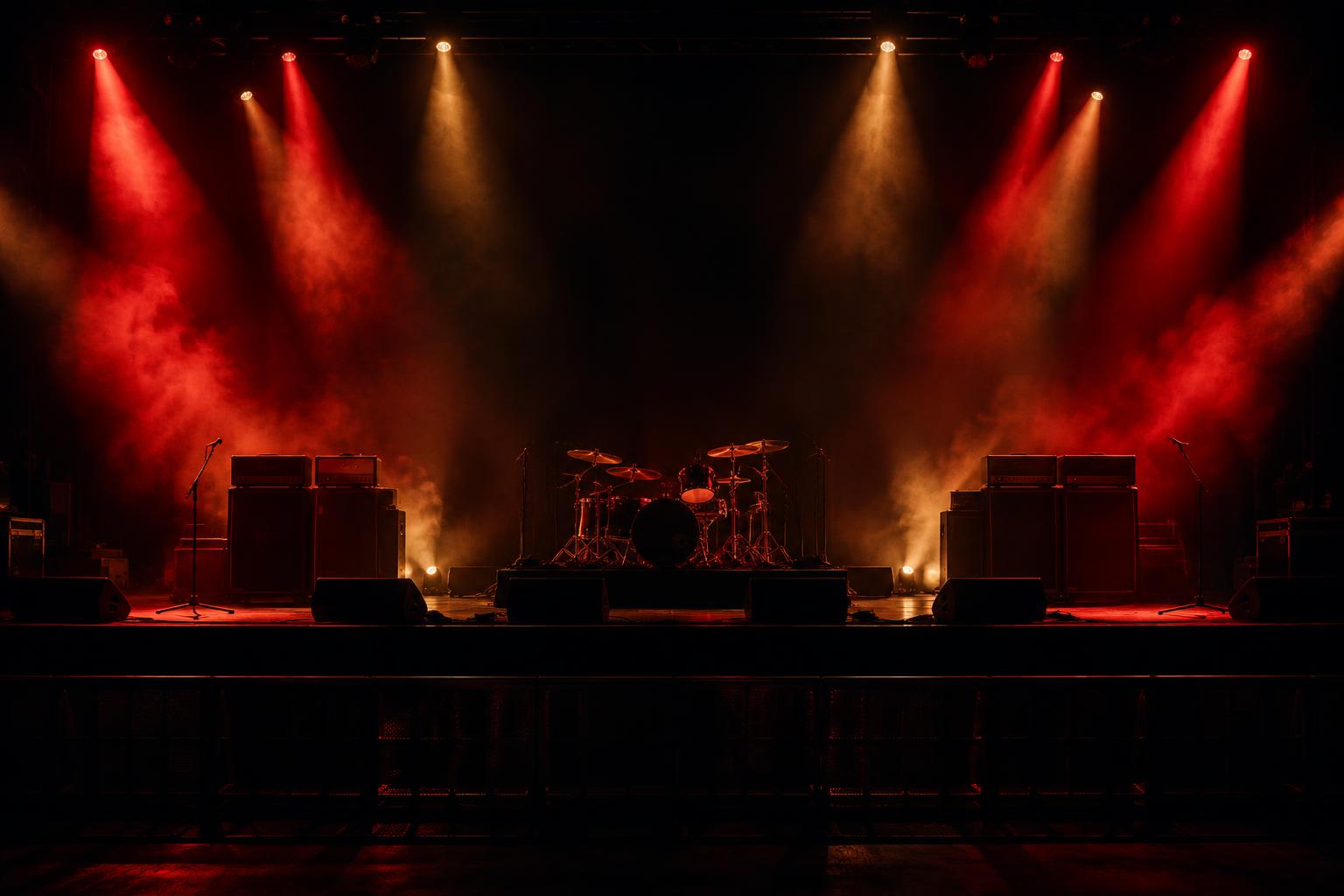 An empty stage lit in red and amber, awaiting the next K2 show